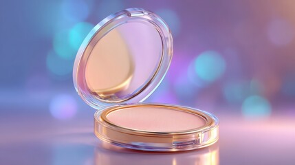 An iridescent compact containing light pink face powder rests elegantly against a shimme backdrop of blurred blues and golds in a staged product shot (150)