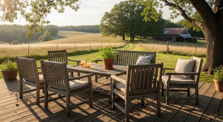 Obraz premium Outdoor wooden furniture set on a deck with scenic landscape background