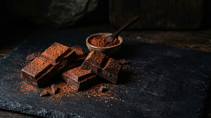 Dark chocolate pieces with cocoa powder on black stone slate luxury dessert ai generated content