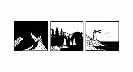 Naklejka premium Three graphic panels depict natural scenes mountains, forest, and lighthouse