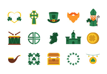 Fototapeta premium Saint Patricks Day Flat Icon Set Featuring Irish Clover Rainbow Beer And Lucky Symbols