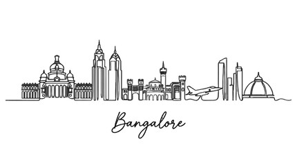 Fototapeta premium Minimalist line art illustration of Bangalore's iconic skyline featuring diverse architectural landmarks and cityscape elements