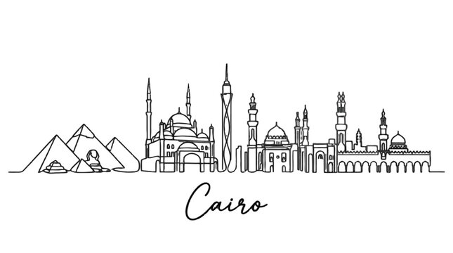 Elegant minimalist line drawing capturing iconic Cairo skyline with pyramids and historic mosque silhouette