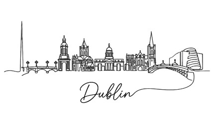 Naklejka premium Minimalist Line Art Illustration of Dublin Skyline Featuring Iconic Landmarks and the River Liffey