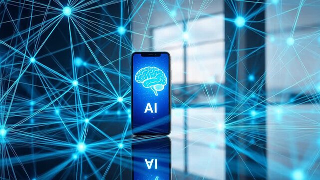 Smartphone with AI brain graphic on screen