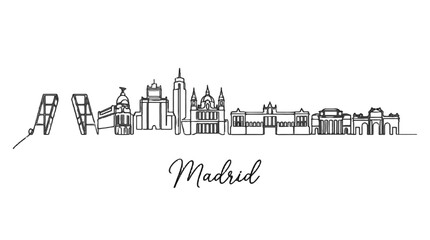 Obraz premium Minimalist Line Drawing Illustration of Madrid Skyline Highlighting Iconic Landmarks and Architecture Style