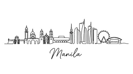 Fototapeta premium Minimalist Black and White Illustration of Manila Skyline Featuring Iconic Landmarks and Modern Skyscrapers Design