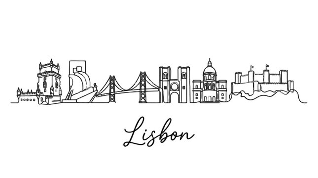 Minimalist black and white outline of Lisbon cityscape featuring iconic landmarks and bridges representing Portugal's vibrant