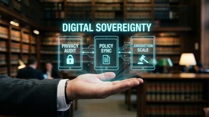 Fototapeta premium Businessman presenting digital sovereignty concepts in modern law library