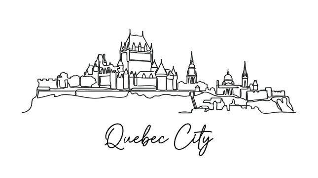Elegant Line Drawing of Quebec City Skyline Highlighting Architectural Landmarks and Historic Structures