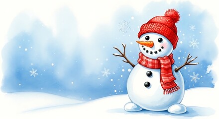Fototapeta premium Whimsical snowman with red hat and scarf in a wintery scene with falling snowflakes