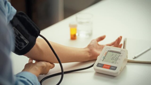 A young woman self-monitors her health using a modern electronic tonometer device to check her blood pressure, illustrating a proactive patient approach to medical care and health monitoring