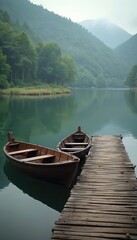 Fototapeta premium Wooden boats wait at a rustic pier on calm lake water surrounded by rich green forest hills. Serene landscape offers quiet escape, outdoor adventure, or fishing trip inspiration.