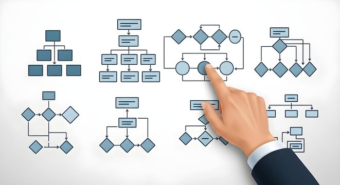 A hand selecting a flowchart diagram from a collection of process maps on a digital board