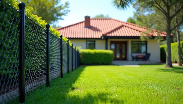 Black chain link fence borders green lawn before house. Red tile roof caps white building exterior. Lush garden provides natural privacy screen.