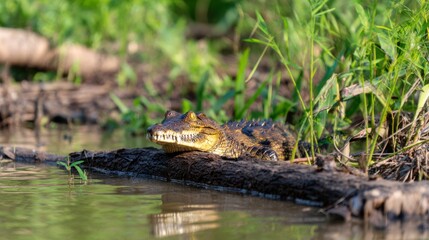 Crocodile Bask in the Hot Sun on a Rough Log in a Swamp Environment
