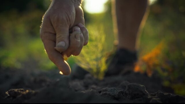 A farmer's hand gently plants corn seeds into the fertile soil of a cultivated field, showcasing sustainable agriculture and the traditional process of crop cultivation