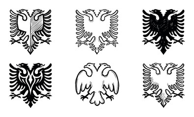 Set of six hand-drawn double-headed eagle symbols in various graphic styles, showcasing different black ink sketch and outline techniques for a heraldic or emblematic design