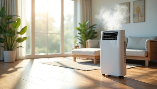 White portable air conditioner blows cool air inside bright modern living room on a sunny summer day. Plants and furniture create a comfortable home atmosphere. Unit is on wheels for easy mobility.