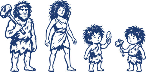 Hand Drawn Caveman Family Set Vector Illustration, Prehistoric Stone Age Character Sketch Collection.
