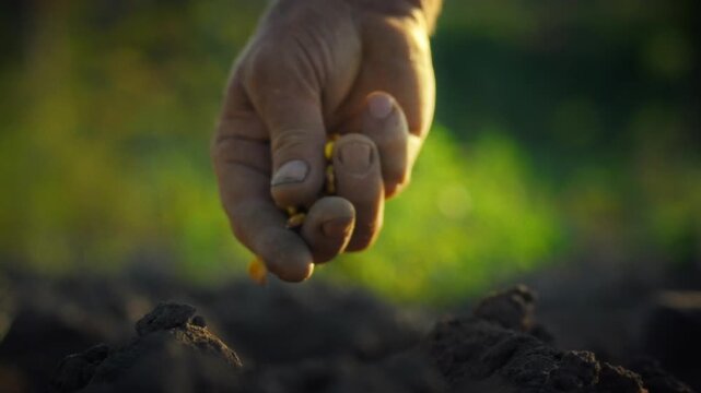 Farmer's hand carefully places corn seeds into the rich earth of plowed field, demonstrating eco-friendly farming practices and the timeless technique of manually planting crops for bountiful harvest