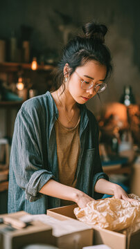 A young woman with glasses and a casual outfit carefully packs an item in crumpled paper inside a box in a cozy, softly lit room.