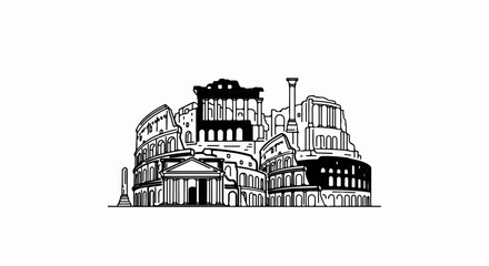 Fototapeta premium Stylized black and white outline of ancient Roman landmarks