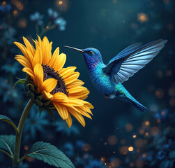 Fototapeta premium Blue hummingbird hovers near yellow sunflower. Small bird drinks nectar from blooming flower. Dark garden with bokeh lights and floral elements.