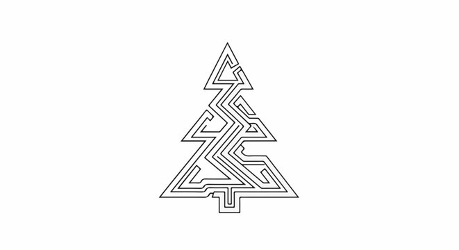 Stylized, geometric Christmas tree illustration with maze-like patterns
