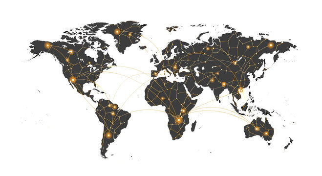 A minimalist dark grey world map with numerous glowing orange nodes is intricately connected by dashed golden lines across all continents on a clean white background.