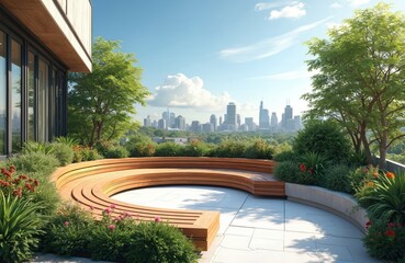 Fototapeta premium Modern rooftop patio with curved wood seating overlooks city skyline. Green plants, trees surround outdoor space, offering peaceful urban retreat with scenic view. Perfect for relaxation,