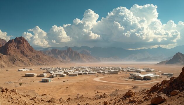Military base settlement in arid desert terrain. Uniform buildings spread across barren landscape. Rugged mountains rise in background under cloudy sky. Strategic outpost.