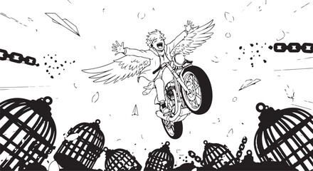 Vector illustration of winged angel riding unicycle escaping birdcages © Uttam