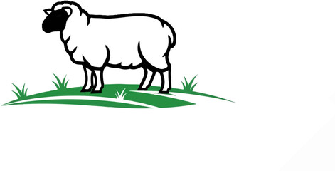 Stylized black and white sheep standing on a green grassy hill © Cikua