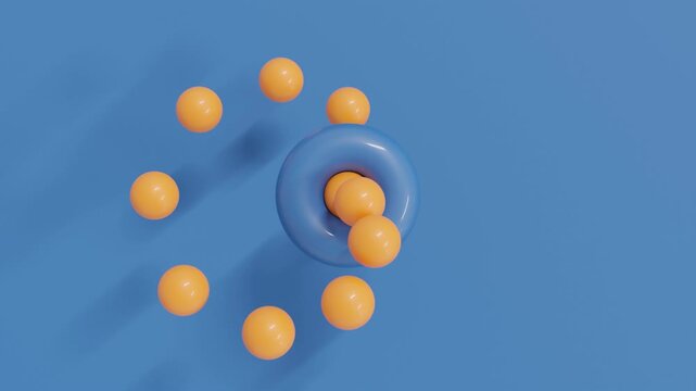 Abstract 3D animation of orange spheres rotating around a blue torus on a clean blue background. Simple geometric motion design for technology, data visualization, branding, UI, and presentations.