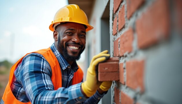 African American man builds wall with bricks. Smiling worker wears hard hat and safety vest. He works on construction site during daylight. Skilled mason puts brick in mortar.