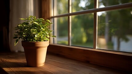 Naklejka premium A vibrant potted plant sits on a wooden ill bathed in soft sunlight with a blurred garden view through the window panes