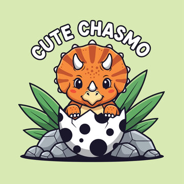 Cute Baby Chasmosaurus Dinosaur Hatching from Egg with Spotted Shell, Cartoon Illustration