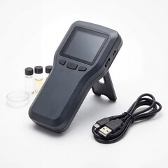 Handheld device with screen and buttons for testing and analysis