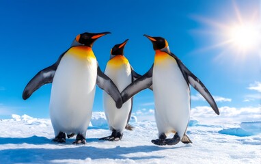 Obraz premium Penguins Collaborating on Snowy Icy Terrain Under Bright Sunlight