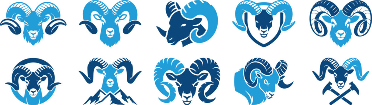 Ram head mascot logo icon set with horn sheep animal emblem and sport badge design
