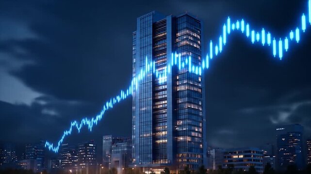 Modern skyscraper with dynamic stock chart overlay in evening