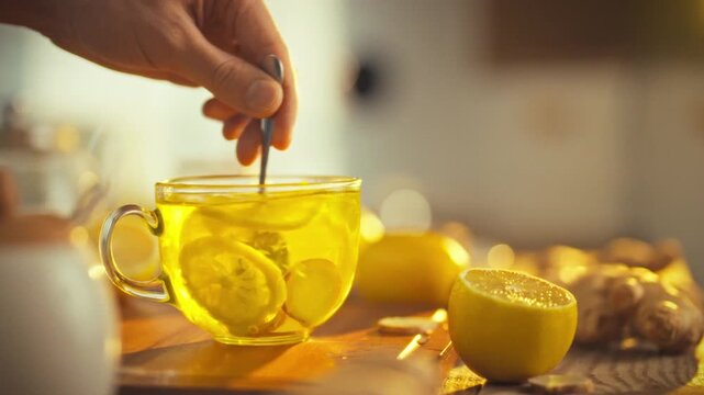 In warm morning setting, man's hand stirs refreshing tea in clear glass mug. Fresh lemon slice and ginger swirl in the hot water, with visible zest in the background, releasing a fresh citrus squeeze