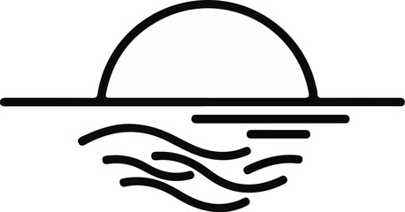 Stylized black line art of a setting sun over rippling water