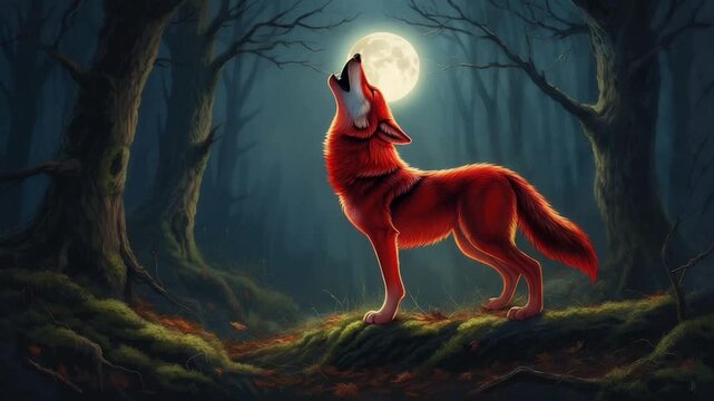 Red wolf howling at a bright full moon in a mystical, dark forest with tall, bare trees