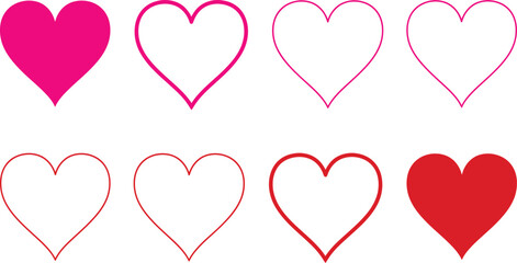 A collection of eight heart shapes in various shades of pink and red on a white background