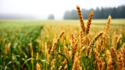 Fototapeta premium Foggy Early Morning Harvest Scene with Wheat in Golden Field