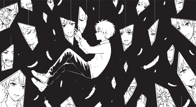 Vector illustration of a man surrounded by multiple faces