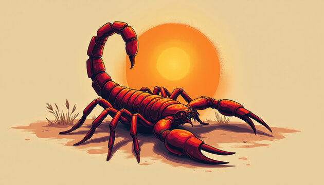 Detailed illustration of a vibrant red scorpion near a large orange sun. Desert animal graphic art, with strong claws ready, a curved tail raised, set against warm desert background.