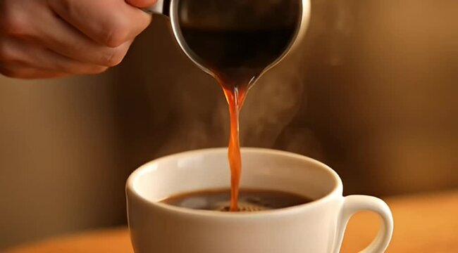 Pouring hot and fresh black coffee into a white mug close up